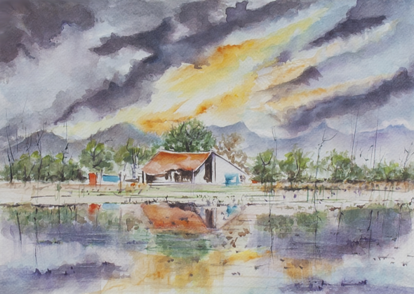 Hut & Reflections (ART_9009_75727) - Handpainted Art Painting - 17in X 12in