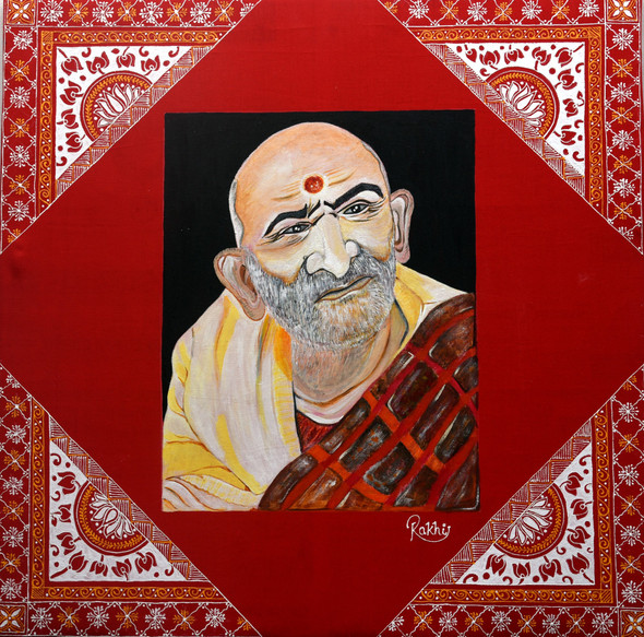 Aipan art in Baba Neem Karoli Maharaj (ART_9027_75463) - Handpainted Art Painting - 24in X 24in