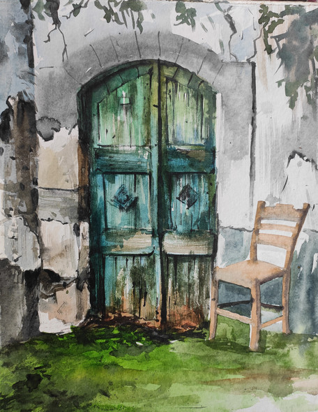 Green door (ART_7901_75918) - Handpainted Art Painting - 11in X 13in