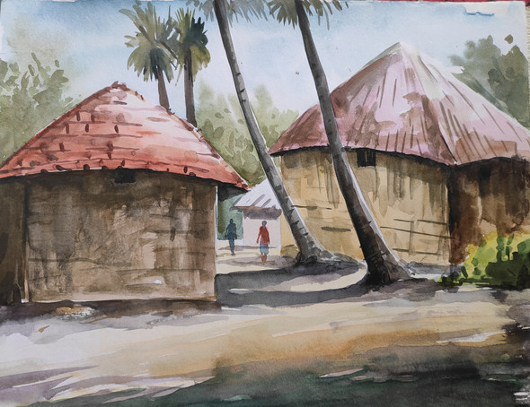 Village 13 X 11 Paper Water Color Painting (ART_7901_75914) - Handpainted Art Painting - 13in X 11in