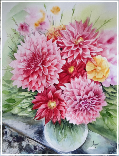 Pink daisies in vase (ART_8423_63753) - Handpainted Art Painting - 14in X 10in