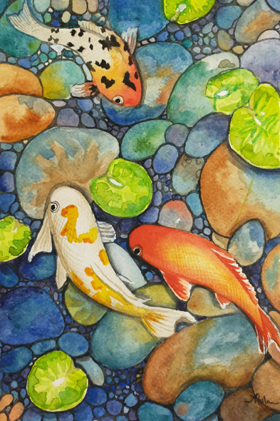 Koi fish pond (ART_1304_76193) - Handpainted Art Painting - 8in X 11in