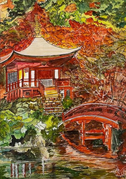 The Japanese Temple (ART_9073_76245) - Handpainted Art Painting - 8in X 11in