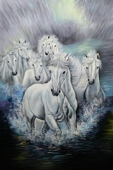 7 RUNNING HORSES AS PER VASTU- HORSES PAINTING (ART_3319_76339) - Handpainted Art Painting - 24in X 36in