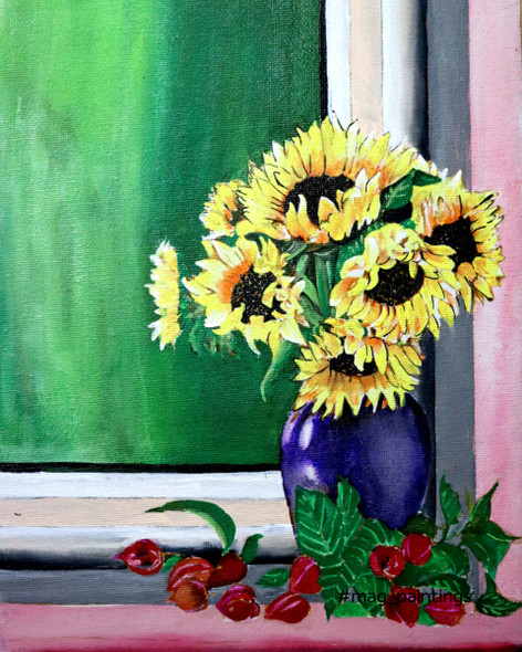 Sunflower Window (ART_9085_76318) - Handpainted Art Painting - 8in X 11in