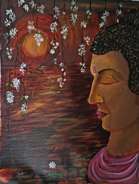 Moksha.... Buddha (ART_9060_76238) - Handpainted Art Painting - 22in X 28in