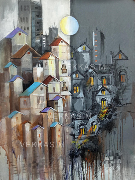 City Day- Night (ART_1038_76291) - Handpainted Art Painting - 20in X 32in