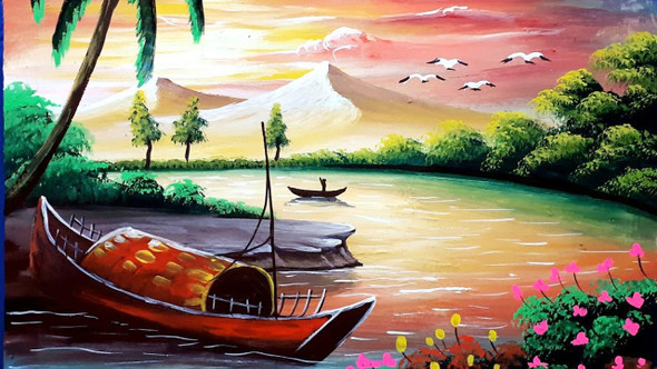 The pleasant one - a multicolour painting represents nature's nurture on boat  (ART_9101_76227) - Handpainted Art Painting - 9in X 7in