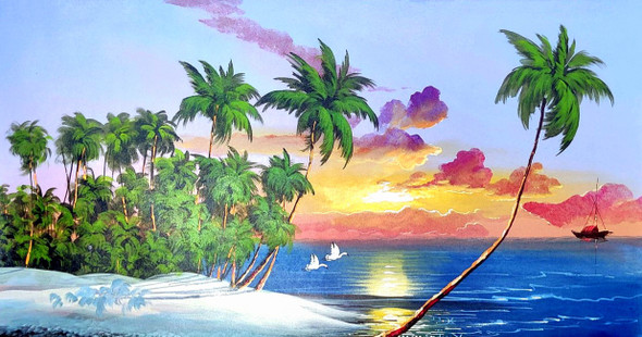 SEA VIEW SCENERY WITH SUNSET (ART_3319_76336) - Handpainted Art Painting - 48in X 24in