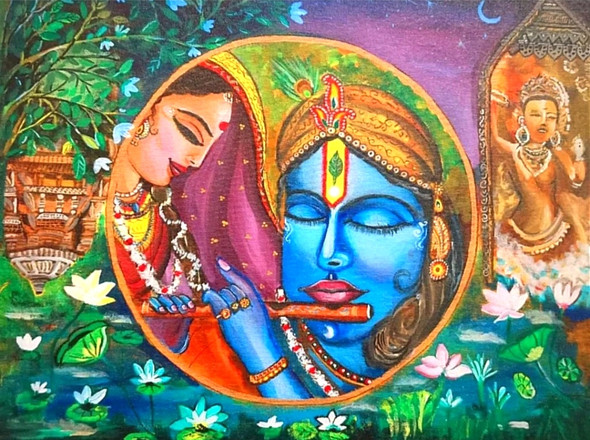 Eternal love of radhakrishna  (ART_9074_76258) - Handpainted Art Painting - 14in X 18in