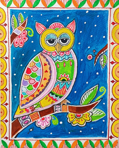 Owl painting in Madhubani Style (ART_9076_76553) - Handpainted Art Painting - 7in X 8in