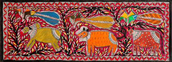 Madhubani Animals (ART_1523_72687) - Handpainted Art Painting - 30in X 11in