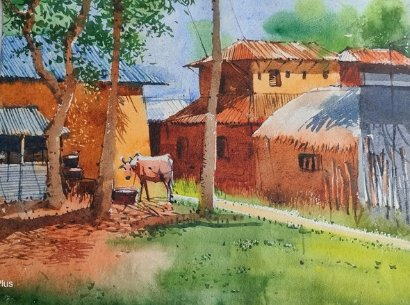 Santal village (ART_9111_76628) - Handpainted Art Painting - 37in X 28in