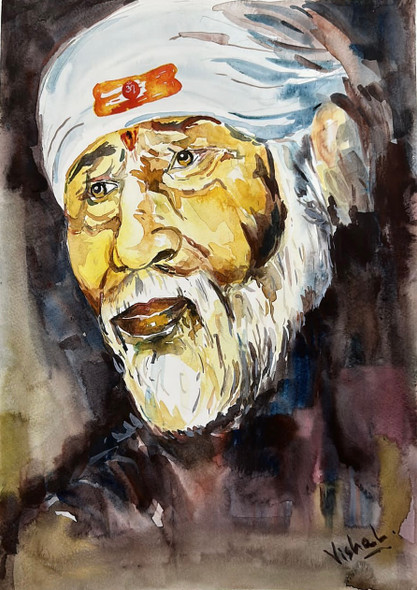 Sai Baba (ART_585_76741) - Handpainted Art Painting - 10 in X 12in
