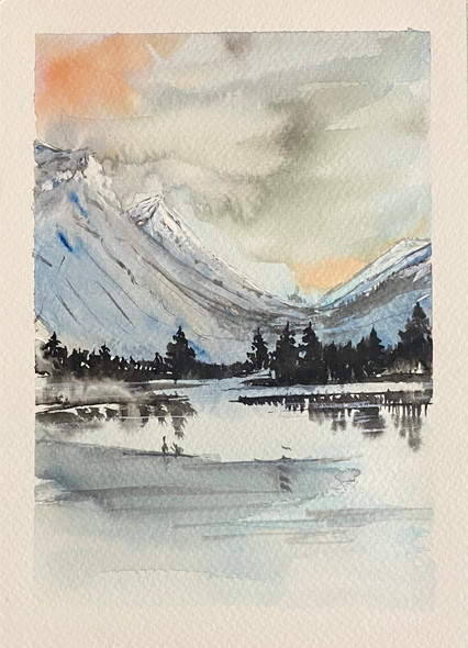 Abstract Landscape Painting Of Snowy Mountains And Lake Watercolour Art (ART_8280_76678) - Handpainted Art Painting - 8 in X 6in