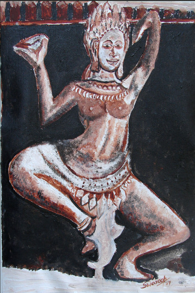 DANCING APSARA-3 (ART_6175_76806) - Handpainted Art Painting - 18in X 24in