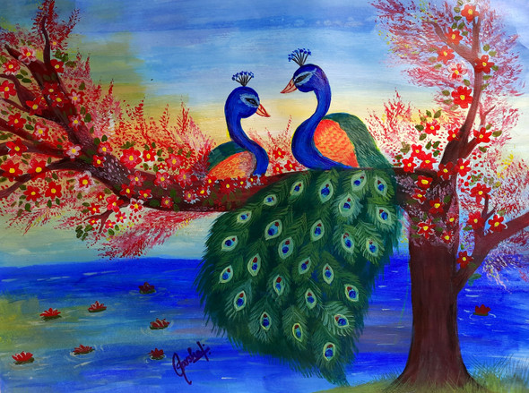 Peacocks in a tree (ART_9120_76801) - Handpainted Art Painting - 13in X 10in