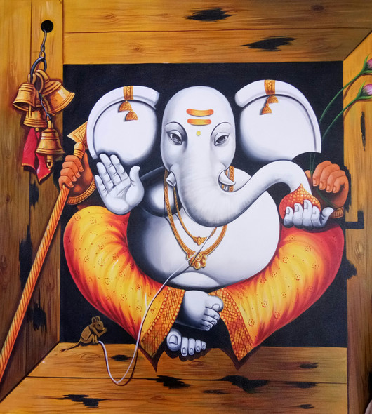 LORD GANESHA PAINTING (ART_3319_29404) - Handpainted Art Painting - 32in X 32in