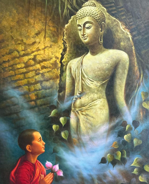 BUDDHA PAINTINGS- LORD BUDDHA WITH MONK (ART_3319_76956) - Handpainted Art Painting - 36in X 48in