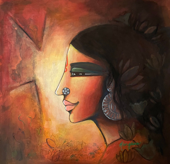 Goddess Laxmi  (ART_5220_76946) - Handpainted Art Painting - 11in X 11in