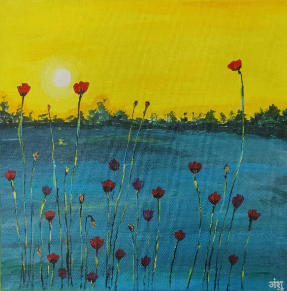 The Rising Flowers With The Rising Sun (ART-5546-100094) - Handpainted Art Painting - 10 in X 10in