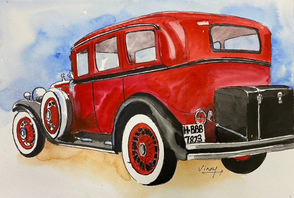 Vintage Car -1 (ART-3013-100128) - Handpainted Art Painting - 15 in X 11in