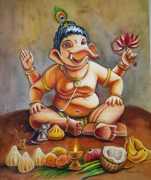 Bal Ganesha (ART-2393-100160) - Handpainted Art Painting - 14 in X 17in