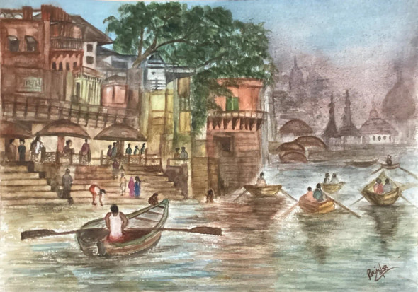 Benaras Ghat (ART-8729-100158) - Handpainted Art Painting - 16 in X 12in