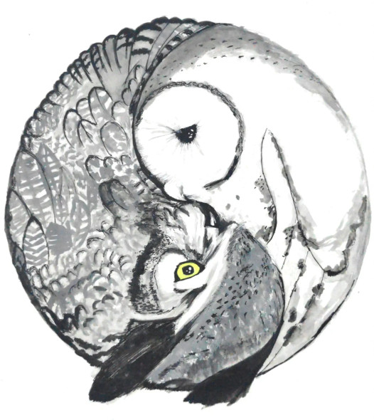 Ying-Yang Owl (ART-15028-100228) - Handpainted Art Painting - 11 in X 16in