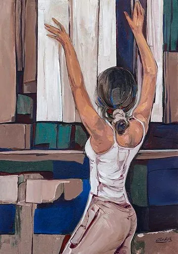 Woman Painting _the Sunday (ART-2571-100218) - Handpainted Art Painting - 18in X 26in