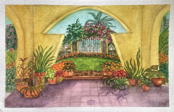 Beautiful Portico Of A House In Spring. (ART-8729-100157) - Handpainted Art Painting - 16 in X 12in