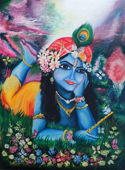 God Krishna (ART-15040-100275) - Handpainted Art Painting - 20 in X 24in