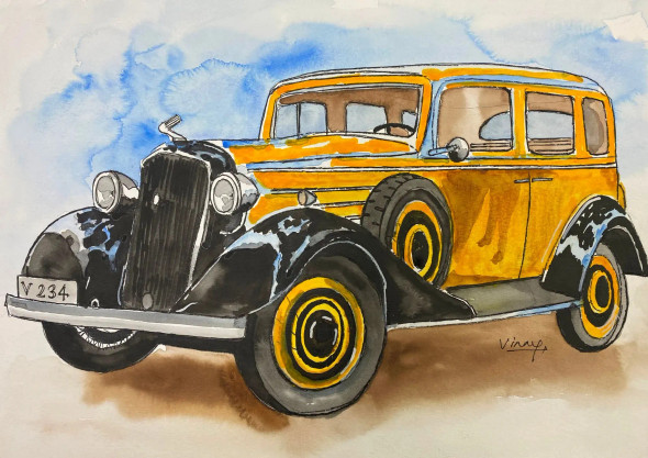 Vintage Car-4 (ART-3013-100131) - Handpainted Art Painting - 15 in X 11in