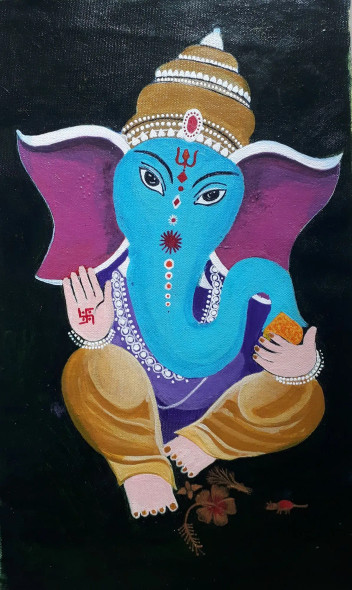 Lord Ganesha (ART-15048-100303) - Handpainted Art Painting - 10 in X 17in