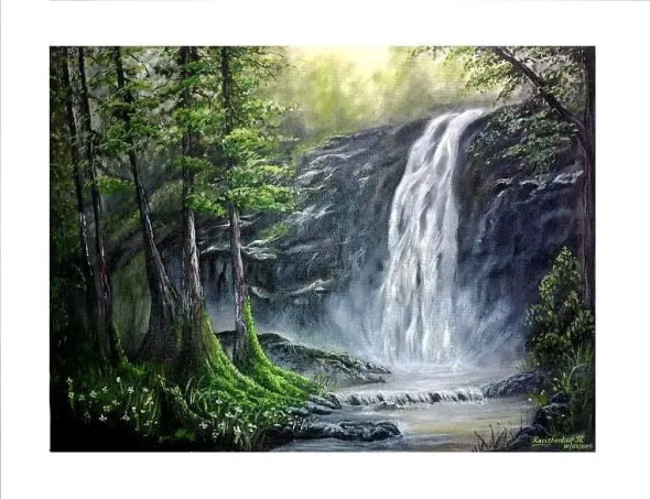 Forest Water Fall - Oil Painting (ART-15051-100309) - Handpainted Art Painting - 35 in X 25in