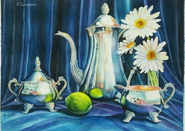 Tea Time In Contemplation (ART-2393-100214) - Handpainted Art Painting - 20 in X 16in