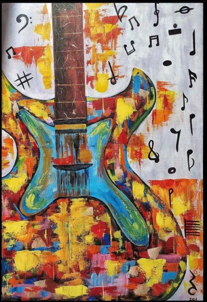 Six Strings - Original Acrylic Guitar Painting On Canvas (ART-8047-100286) - Handpainted Art Painting - 24 in X 36in