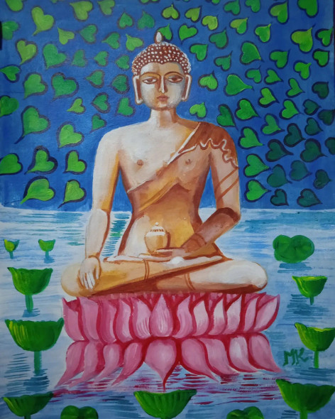 Budhha On Lotus (ART-8875-100330) - Handpainted Art Painting - 11in X 15in