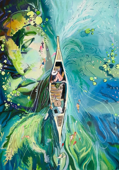 Budha In Water (ART-7153-100340) - Handpainted Art Painting - 14 in X 20in