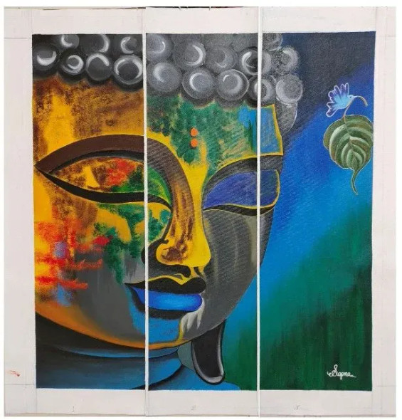 Buddha Painting In 3 Pieces (ART-8891-100334) - Handpainted Art Painting - 24 in X 7in