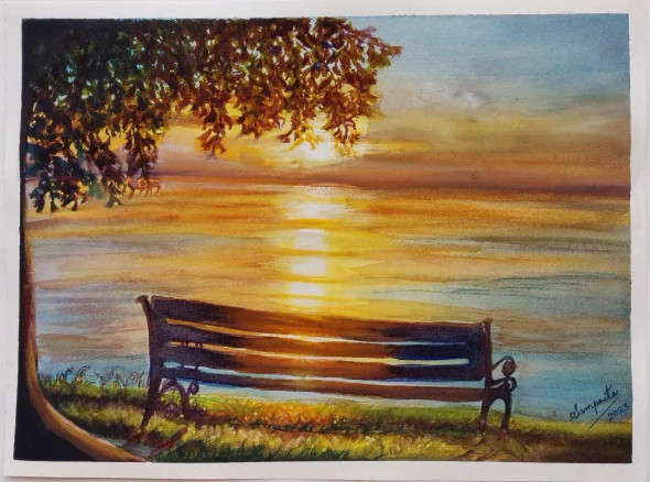 Bench In Sunset (ART-2393-100226) - Handpainted Art Painting - 13 in X 9in