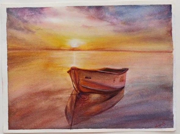 Beach In Sunset (ART-2393-100227) - Handpainted Art Painting - 13 in X 9in