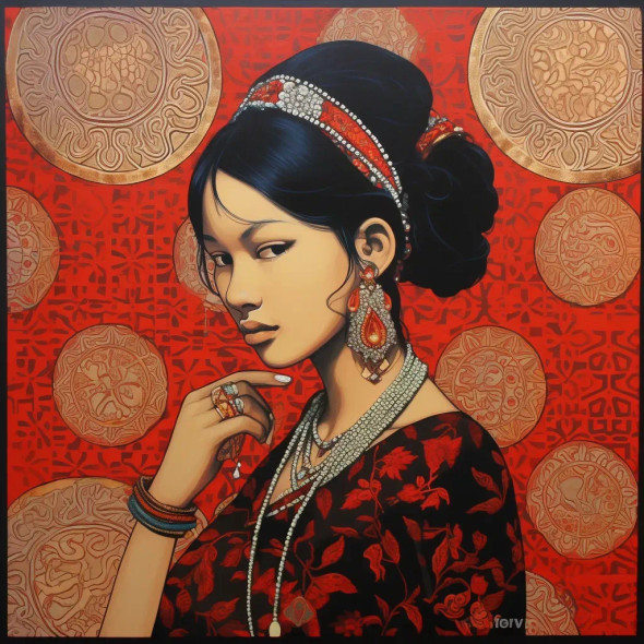Indian Girl In Batik Art (PRT-9116-100444) - Canvas Art Print - 54in X 54in