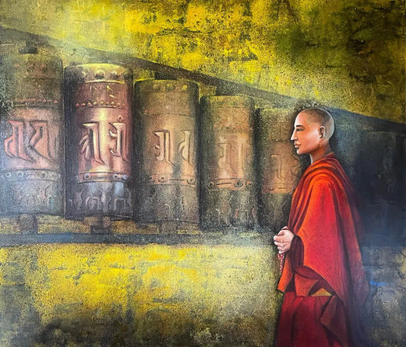 Buddhas Silent Prayer (ART-5220-100452) - Handpainted Art Painting - 48in X 42in