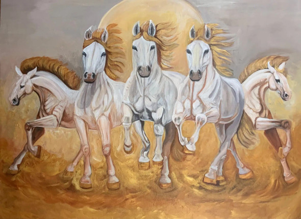 5 White Galloping Horses (ART-15085-100495) - Handpainted Art Painting - 42 in X 32in