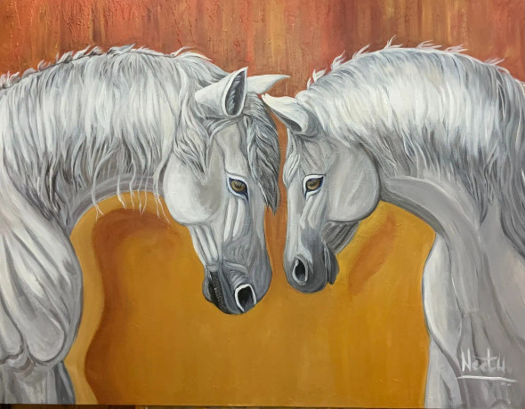 White Horses (ART-15085-100493) - Handpainted Art Painting - 42 in X 32in