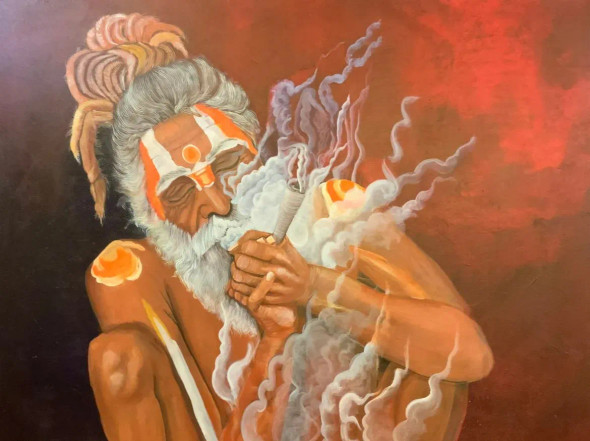 Sadhu (ART-15085-100505) - Handpainted Art Painting - 42 in X 32in