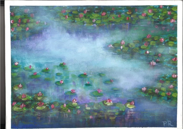 Water Lily Dreamscape (ART-9104-100576) - Handpainted Art Painting - 16in X 11in
