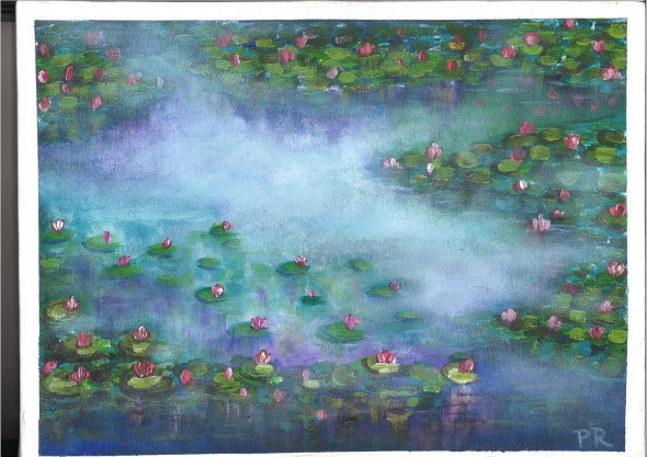 Water Lily Dreamscape (ART-9104-100576) - Handpainted Art Painting - 16 in X 11in