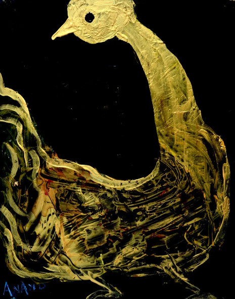 GOLDEN BIRD-2 (ART-6175-100553) - Handpainted Art Painting - 12 in X 15in